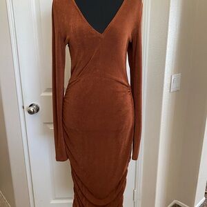Brown Bodycon Long Sleeve V-Neck Dress